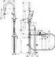 Hansgrohe Wasserarmatur mit Ausziehauslauf und einem Hebel, abgebildet in Seitenansicht. Technische Zeichnung mit Maßangaben zur Installation und Montage. Schwenkbereich bis 5°.